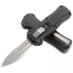 Benchmade 3350 Mini-Infidel Dagger AUTO OTF Knife 3.10" D2 Satin Double Edge Blade, Black Aluminum Handles KnifeBen259