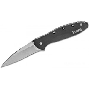 Kershaw 1660SWBLK Ken Onion Leek Assisted Flipper Knife 3" Stonewashed Plain Blade, Black Aluminum Handles KnifeKer111