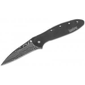 Kershaw 1660DAMBK Ken Onion Leek Assisted Flipper Knife 3" Damascus Plain Blade, Black Stainless Steel Handles - KS1660DAMBK KnifeKer178