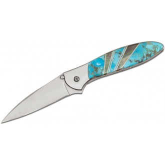 Kershaw 1660JS66P Ken Onion Leek by Santa Fe Stoneworks Assisted Flipper Knife 3" Plain Blade, Stainless Steel Handles, Turquoise and Mother of Pearl Onlays KnifeKer76