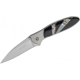 Kershaw 1660AB Ken Onion Leek by Santa Fe Stoneworks Assisted Flipper Knife 3" Bead Blast Plain Blade, Stainless Steel Handles with Jet and Abalone Onlays KnifeKer60